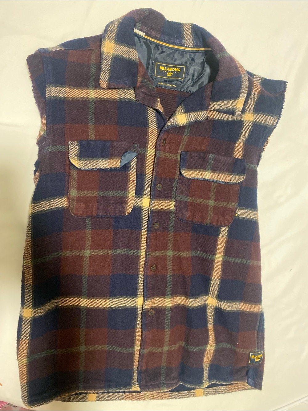 Billabong Plaid Sleeveless Button-Up Vest Flannel — Navy, Burgundy & Yellow